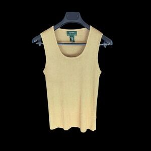 Lauren Ralph Lauren Gold Metallic Ribbed Knit Scoop Neck Sleeveless Top Large